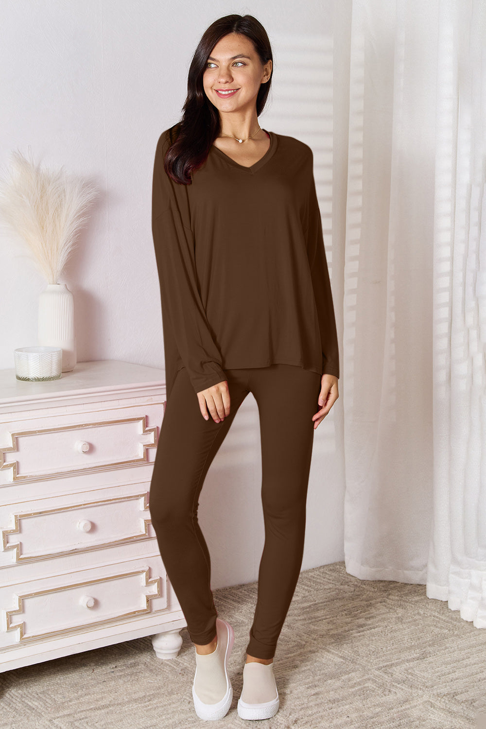 Gray Basic Bae Full Size V-Neck Soft Rayon Long Sleeve Top and Pants Lounge Set Sentient Beauty Fashions Pants