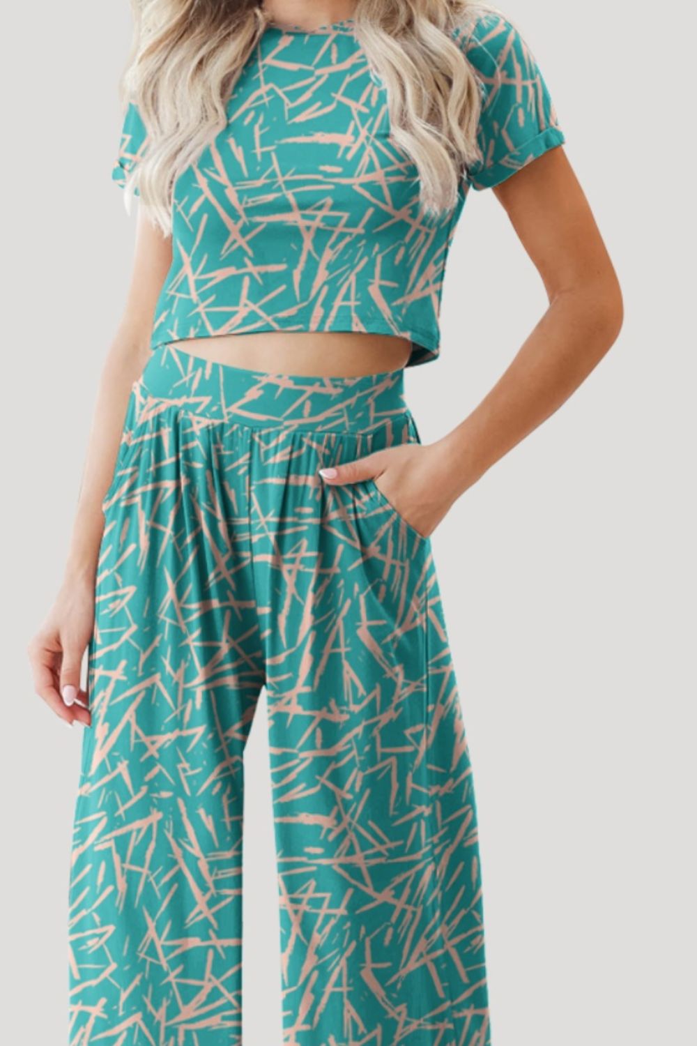Sea Green Printed Round Neck Short Sleeve Top and Pants Set Sentient Beauty Fashions Apaparel &amp; Accessories