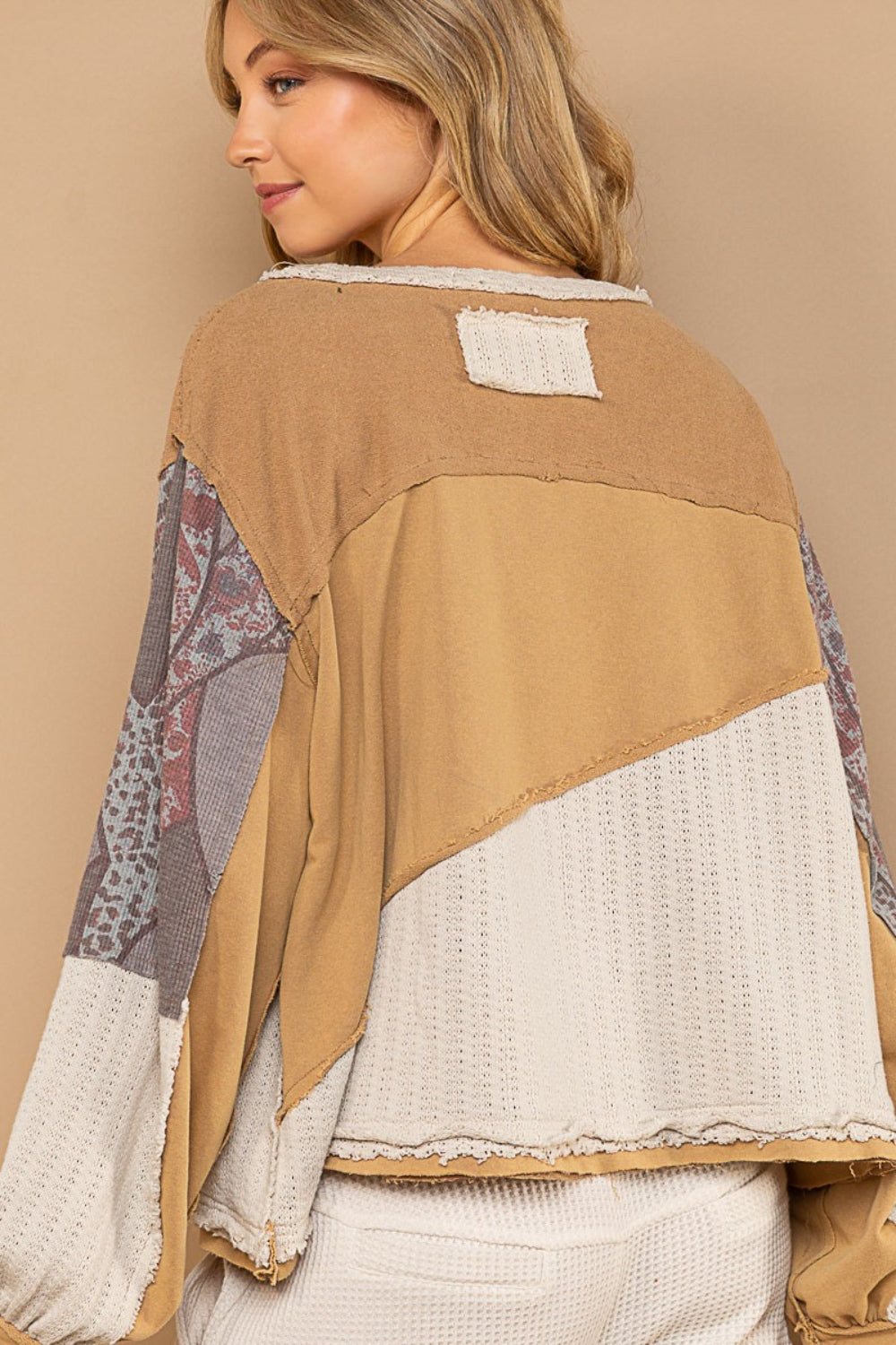 Rosy Brown POL Long Sleeve Cut Sew Peace Emblem Top Sentient Beauty Fashions Apaparel & Accessories