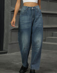 Half Elastic Waist Straight Leg Jeans