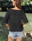 Dark Slate Gray Openwork Round Neck Half Sleeve Knit Top