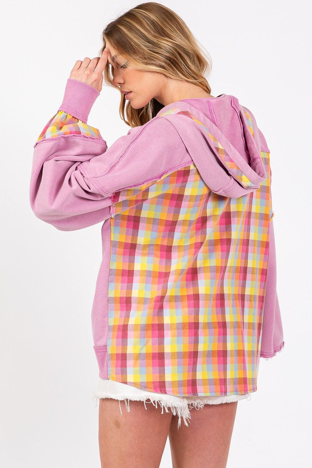 Misty Rose SAGE + FIG Full Size Plaid Print Washed Hoodie