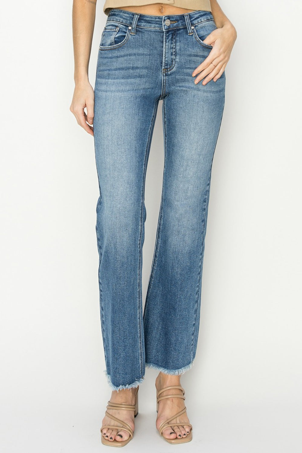 Beige RISEN Mid-Rise Frayed Hem Bootcut Jeans Sentient Beauty Fashions Apaparel & Accessories