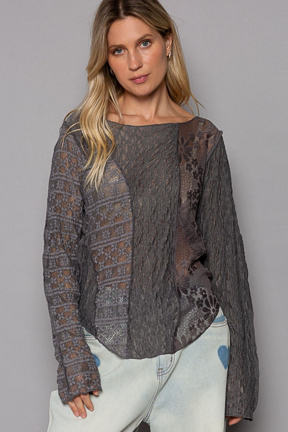 Dark Gray POL Exposed Seam Long Sleeve Lace Knit Top Sentient Beauty Fashions Apaparel &amp; Accessories
