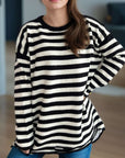 Distressed Striped Round Neck Long Sleeve Sweater