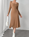 Square Neck Long Sleeve Midi Wrap Dress