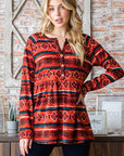 Heimish Full Size Geometric Button Detail Long Sleeve Babydoll Top