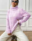 Light Gray Plaid Turtleneck Long Sleeve Sweater