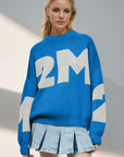 Basic Bae Contrast Letter Round Neck Long Sleeve Sweater