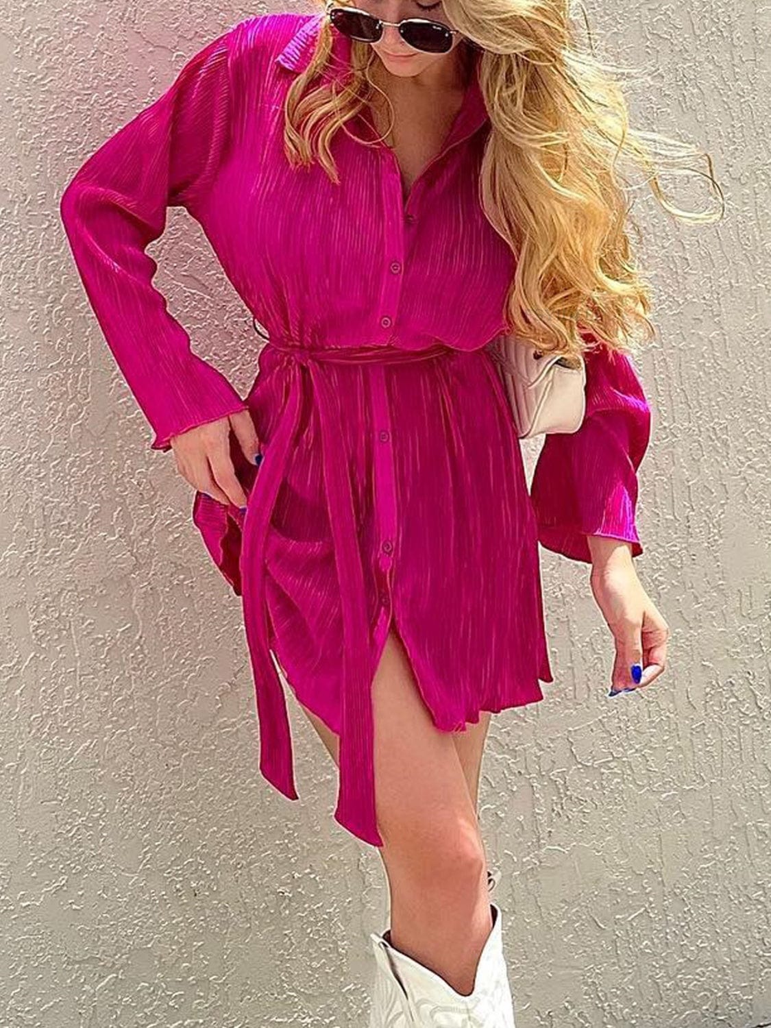 Tan Tied Button Up Long Sleeve Dress