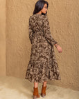 Ruched Printed V-Neck Long Sleeve Midi Dress