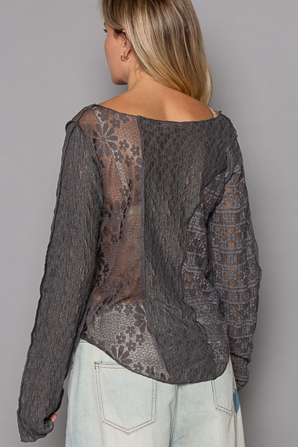 Light Slate Gray POL Exposed Seam Long Sleeve Lace Knit Top Sentient Beauty Fashions Apaparel &amp; Accessories