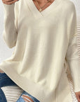 Slit V-Neck Dropped Shoulder Sweater