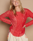 Tan POL Exposed Seam Long Sleeve Lace Knit Top