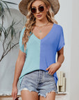 Color Block V-Neck Short Sleeve Knit Top