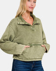 Zenana Acid Wash Fleece Half Snap Sweatshirt with Pocket