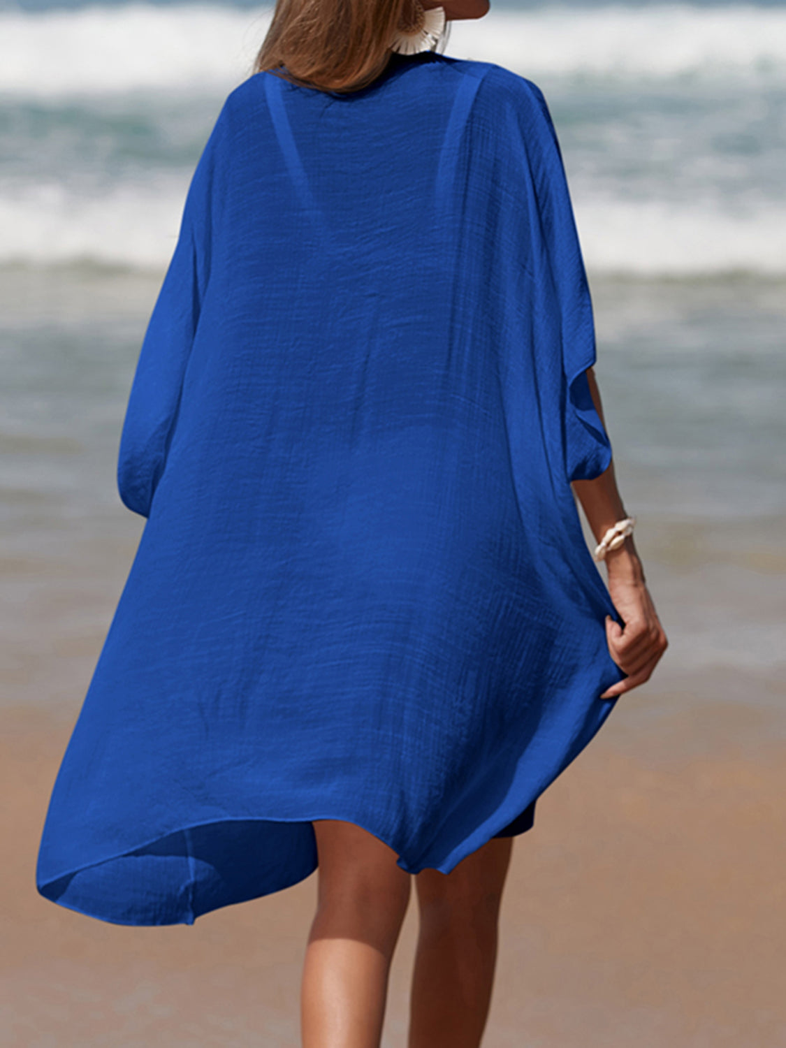 Midnight Blue Cutout V-Neck Three-Quarter Sleeve Cover Up Sentient Beauty Fashions Apparel &amp; Accessories