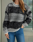 Sequin Color Block Round Neck Sweater