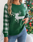 Reindeer Plaid Round Neck Long Sleeve Sweater