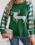 Reindeer Plaid Round Neck Long Sleeve Sweater