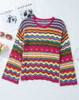 Openwork Round Neck Long Sleeve Knit Top