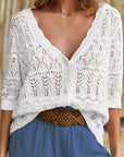 Openwork V-Neck Half Sleeve Cardigan