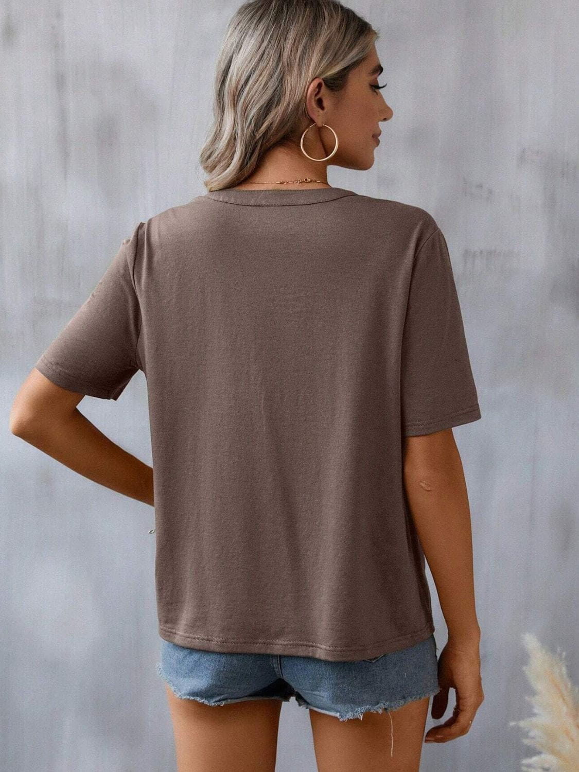 Dark Gray Embroidered Notched Short Sleeve T-Shirt