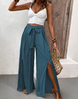 Gray Tied Slit Wide Leg Pants