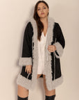 Plus Size Fuzzy Trim Open Front Long Sleeve Hooded Coat