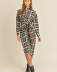 Mable Plaid Flannel Front Tie Button Down Shirt Dress