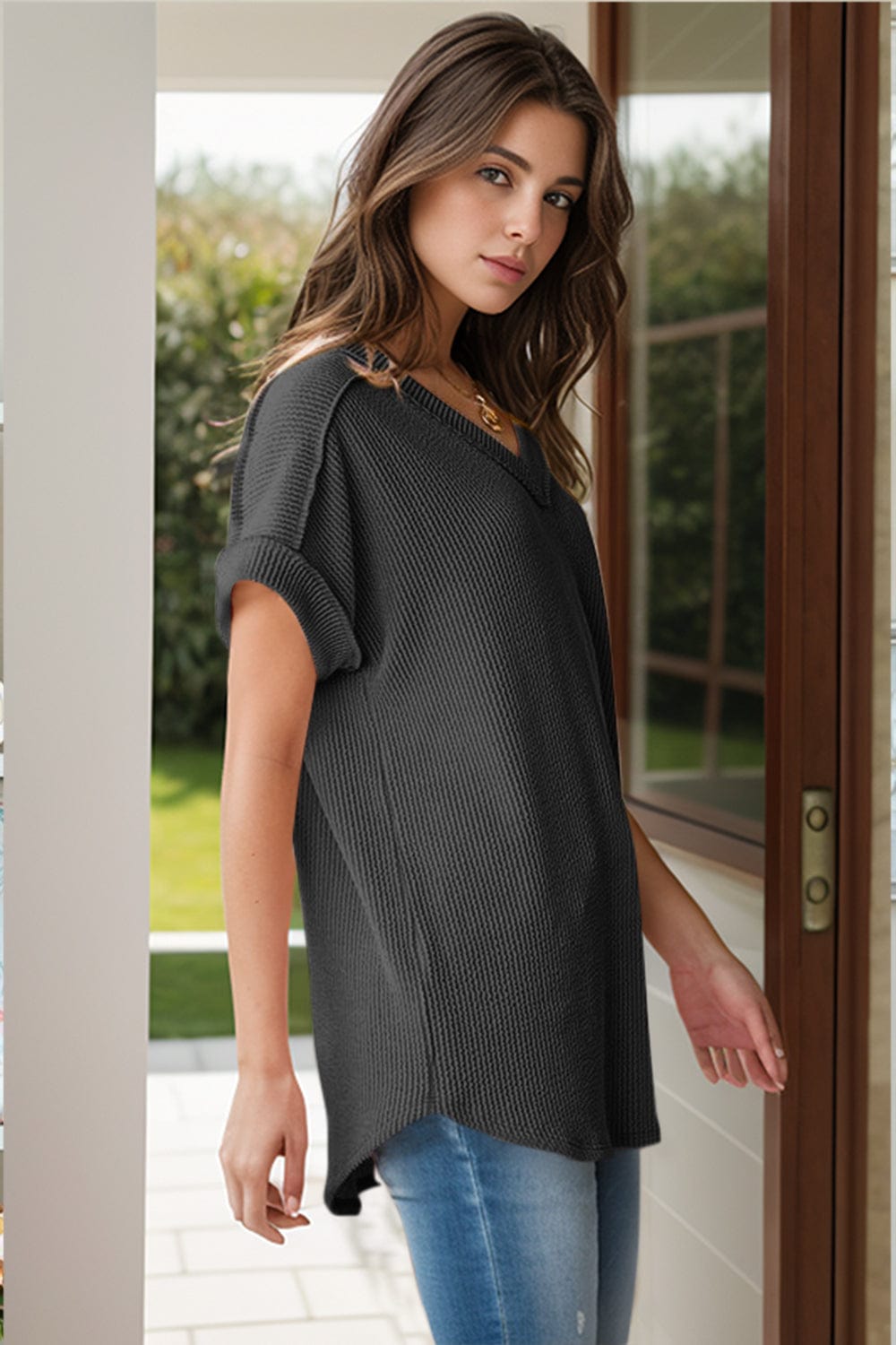 Gray Textured V-Neck Short Sleeve Top