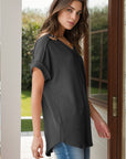 Gray Textured V-Neck Short Sleeve Top