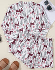 Printed Collared Neck Long Sleeve Top and Shorts Lounge Set