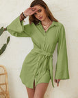 Collared Neck Long Sleeve Mini Shirt Dress