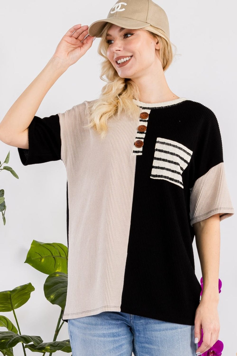 Black Celeste Full Size Rib Contrast Short Sleeve T-Shirt