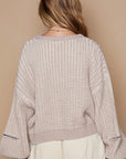 POL Round Neck Heart Patch Zipper Point Sleeve Sweater