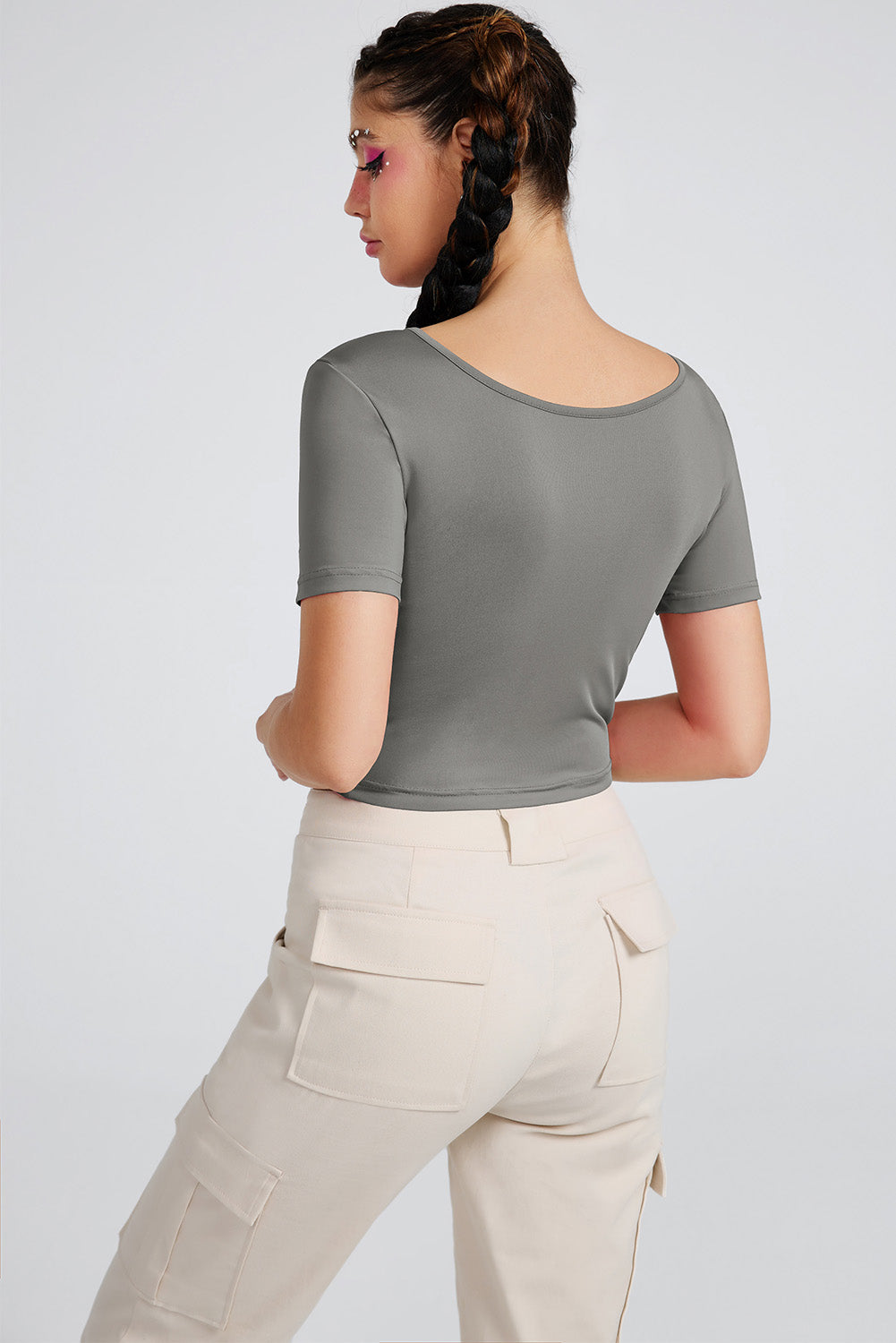 Light Gray Cutout Short Sleeve T-Shirt Sentient Beauty Fashions Apparel & Accessories