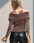 Double Take Ribbed Off-Shoulder Zip Up Long Sleeve Cardigan