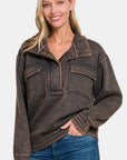 Zenana Acid Washed Half Snap Fleece Sweatshirt