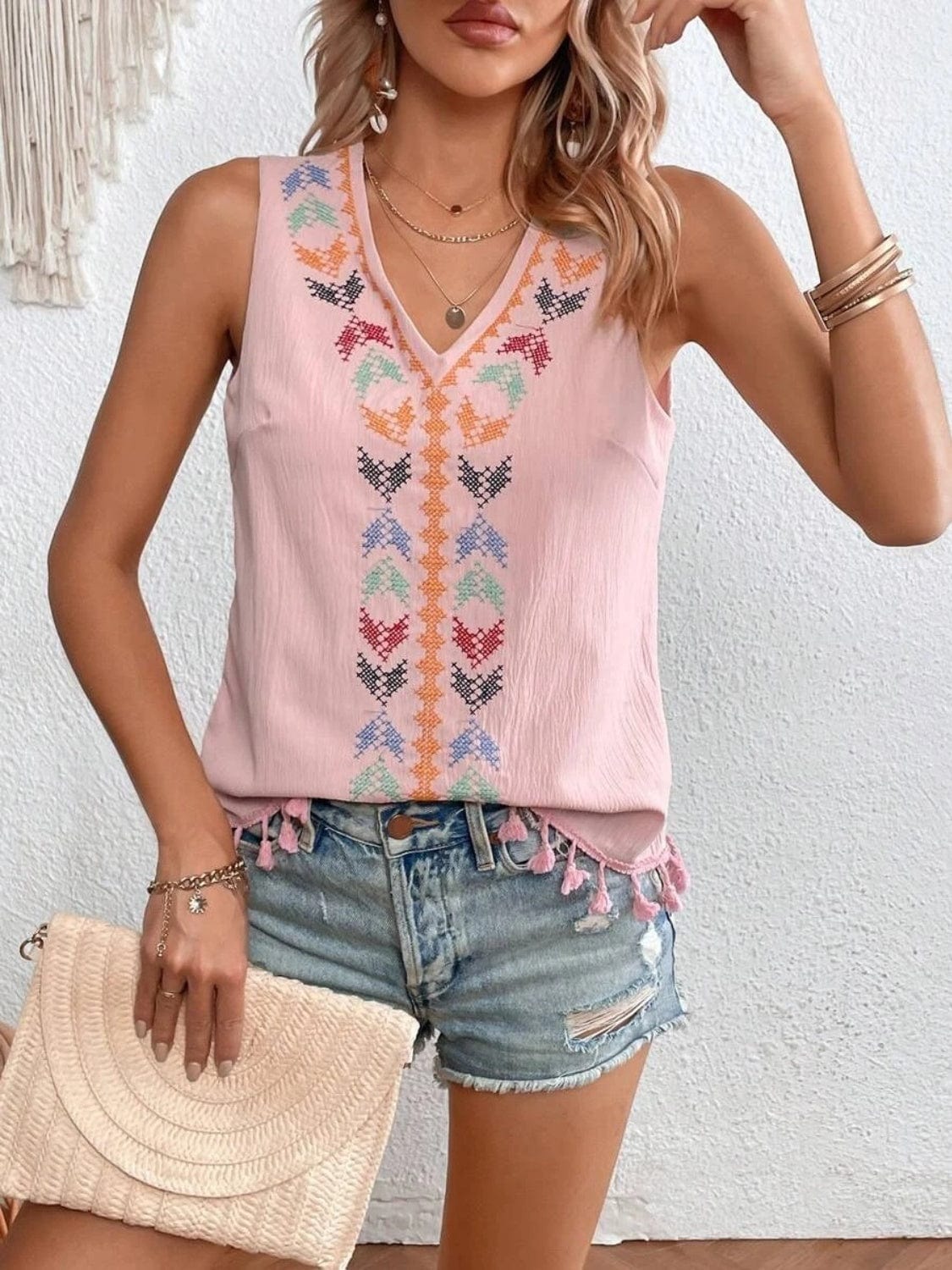 Light Gray Tassel Printed V-Neck Tank