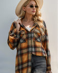 Double Take Drawstring Plaid Long Sleeve Hooded Shacket