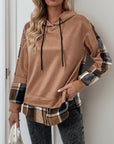 Perfee Drawstring Slit Plaid Long Sleeve Hoodie