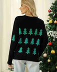 Christmas Tree Round Neck Ribbed Trim Sweater