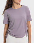 Rosy Brown Drawstring Round Neck Short Sleeve Active T-Shirt