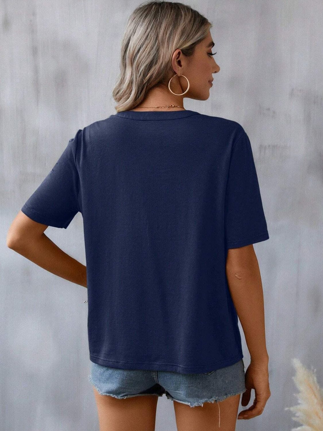 Dark Gray Embroidered Notched Short Sleeve T-Shirt