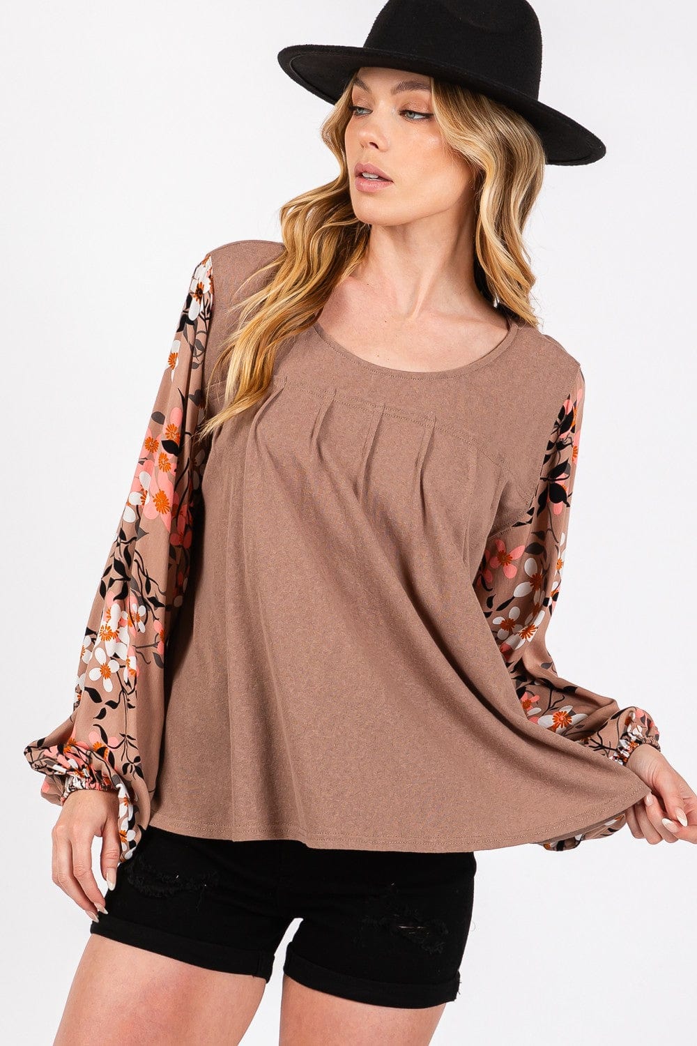 Light Gray SAGE + FIG Floral Long Sleeve Front Pleated Detail Blouse