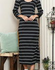 Slit Striped Scoop Neck Long Sleeve Midi Tee Dress