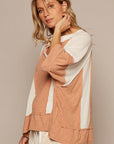 Tan POL Notched Frayed Edge Contrast Top