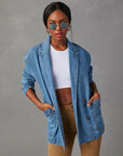 Light Slate Gray Collared Neck Long Sleeve Denim Jacket