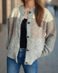 Color Block Round Neck Button Up Cardigan